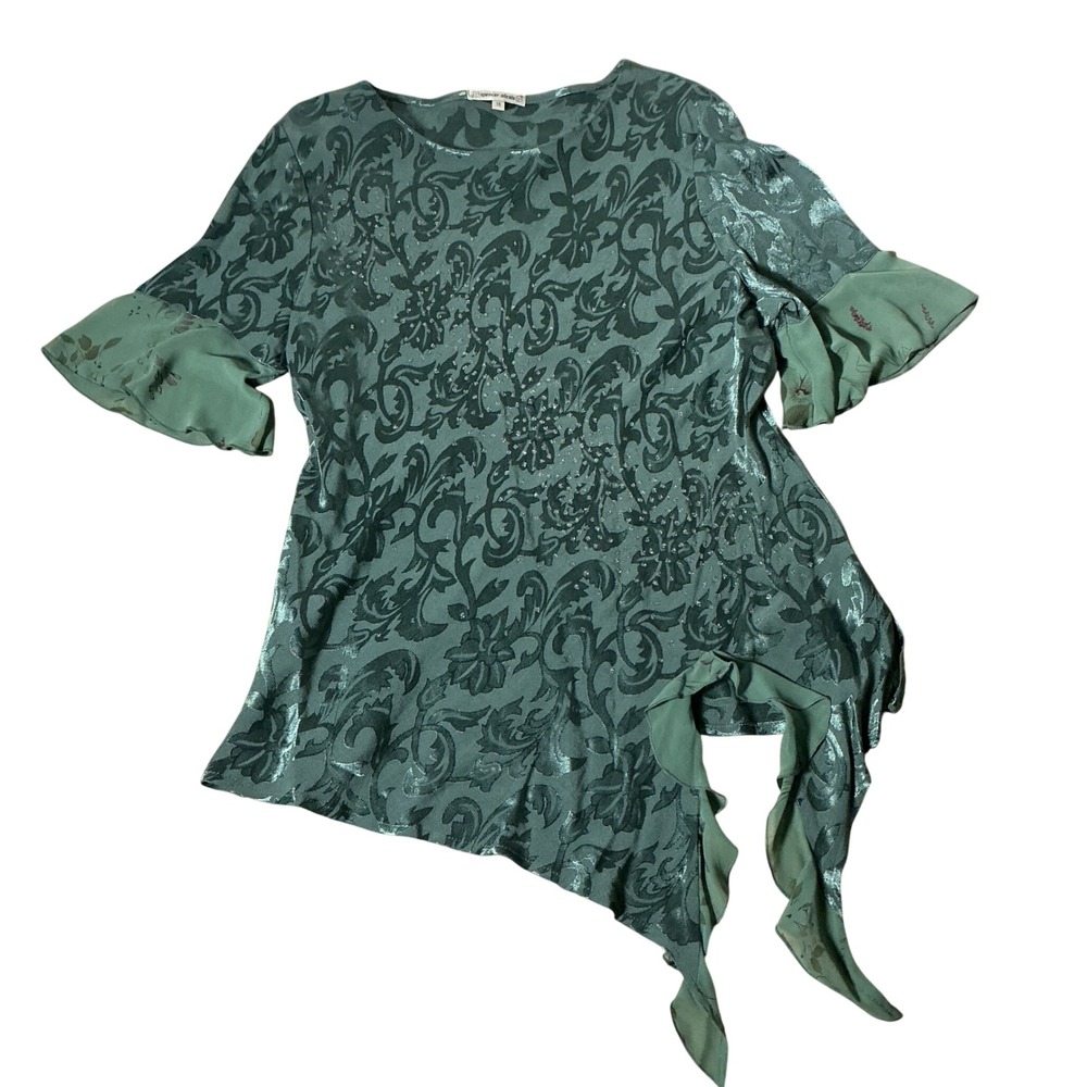 Spencer Alexis Lagenlook Burnout Velvet Asymmetrical Ruffle Tunic Top 14 44127
